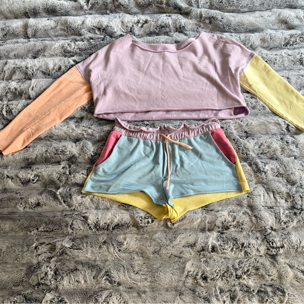 LoveShackFancy. Pastel-Primary color, playful two-piece cropped loungewear set.